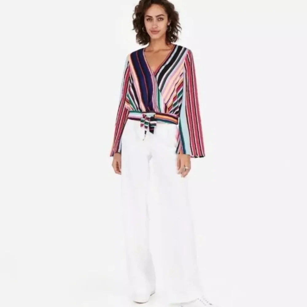 EXPRESS Striped Wrap Blouse - Picture 3 of 16